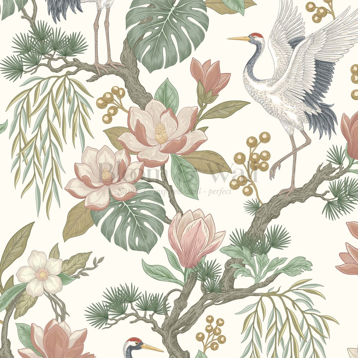 Luciaana Cranes Cream Garden Green Wallpaper