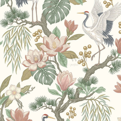 Luciaana Cranes Cream Garden Green Wallpaper