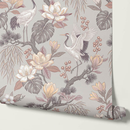 Luciaana Cranes Berry Gray Feather Wallpaper
