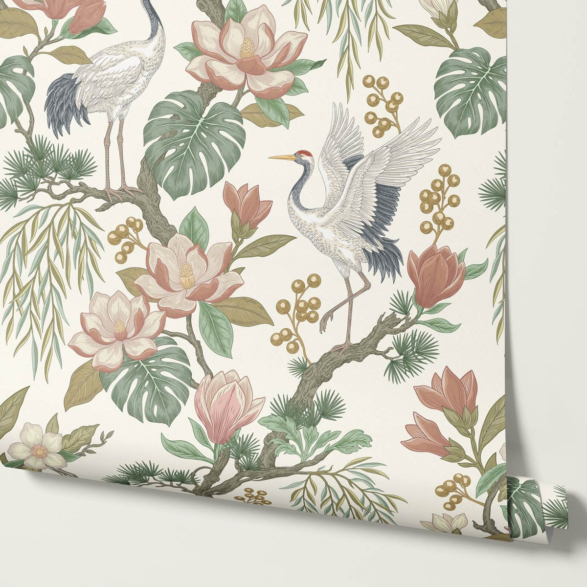 Luciaana Cranes Cream Garden Green Wallpaper
