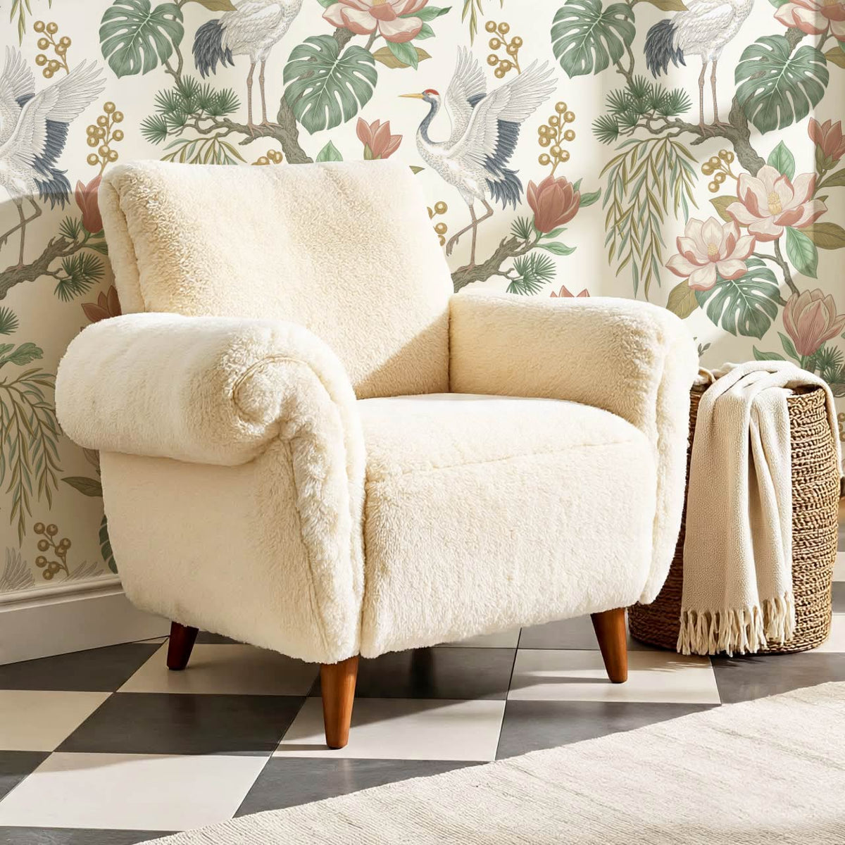 Luciaana Cranes Cream Garden Green Wallpaper