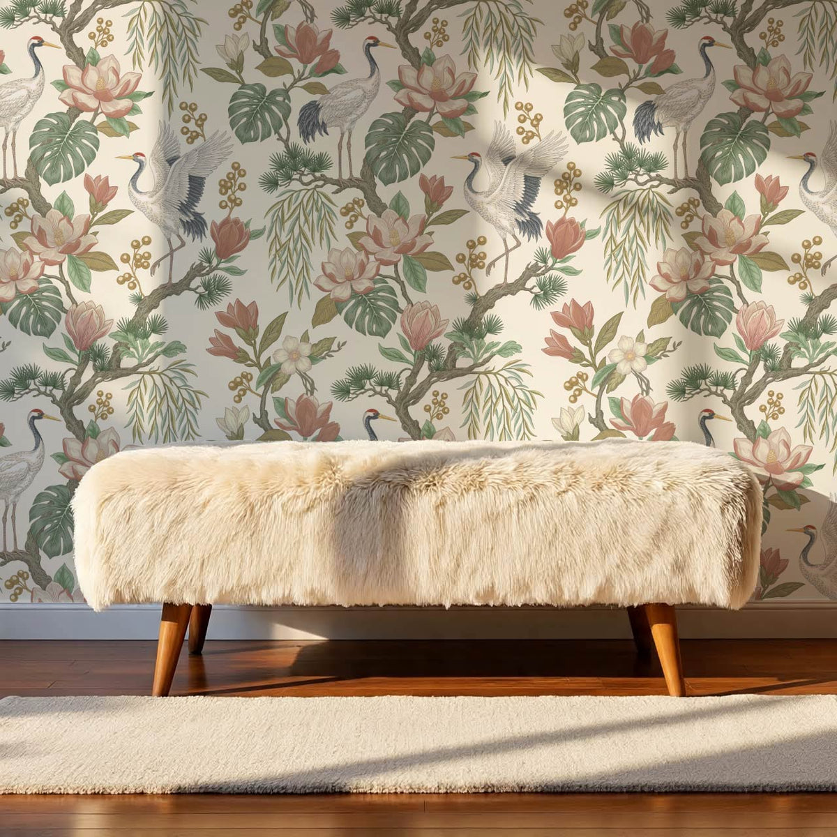 Luciaana Cranes Cream Garden Green Wallpaper