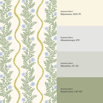 Lucinda Blooming Vines Chartreuse Blue Bell Green Wallpaper