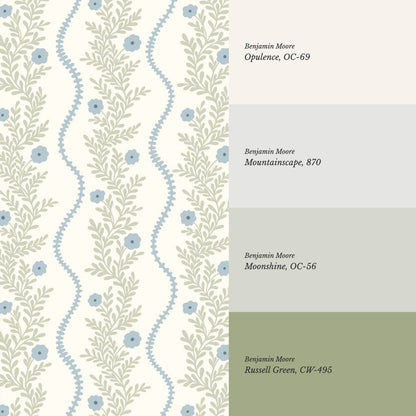 Lucinda Blooming Vines Sky Blue Soft Sage Wallpaper