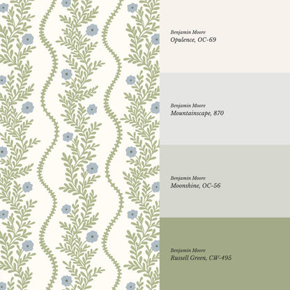 Lucinda Blooming Vines Grass Green Dusty Blue Wallpaper