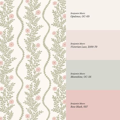 Lucinda Blooming Vines Soft Pink Soft Green Wallpaper