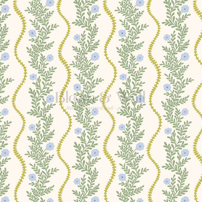 Lucinda Blooming Vines Chartreuse Blue Bell Green Wallpaper