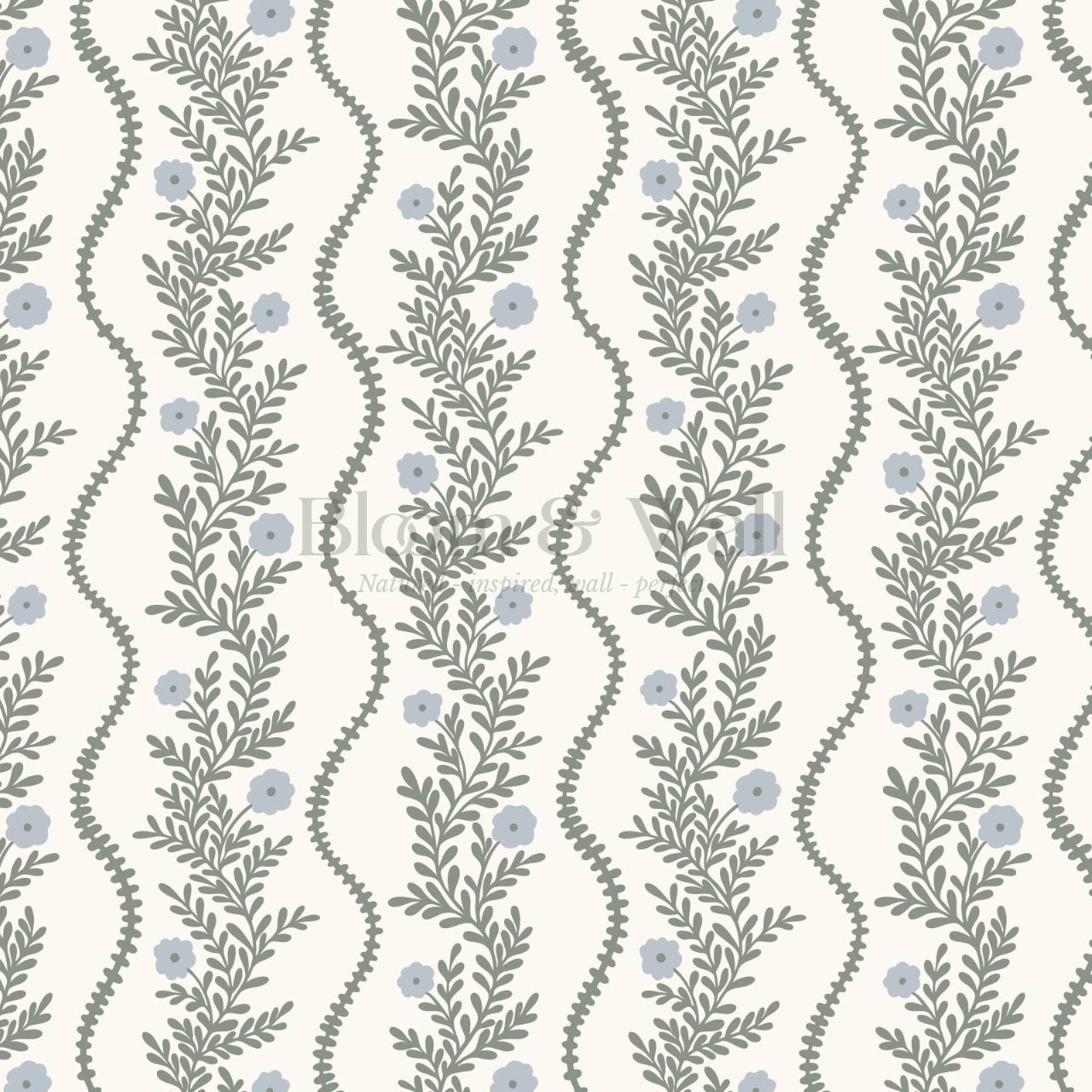 Lucinda Blooming Vines Dark Sage Dusty Sky Wallpaper