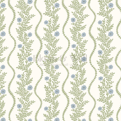 Lucinda Blooming Vines Grass Green Dusty Blue Wallpaper