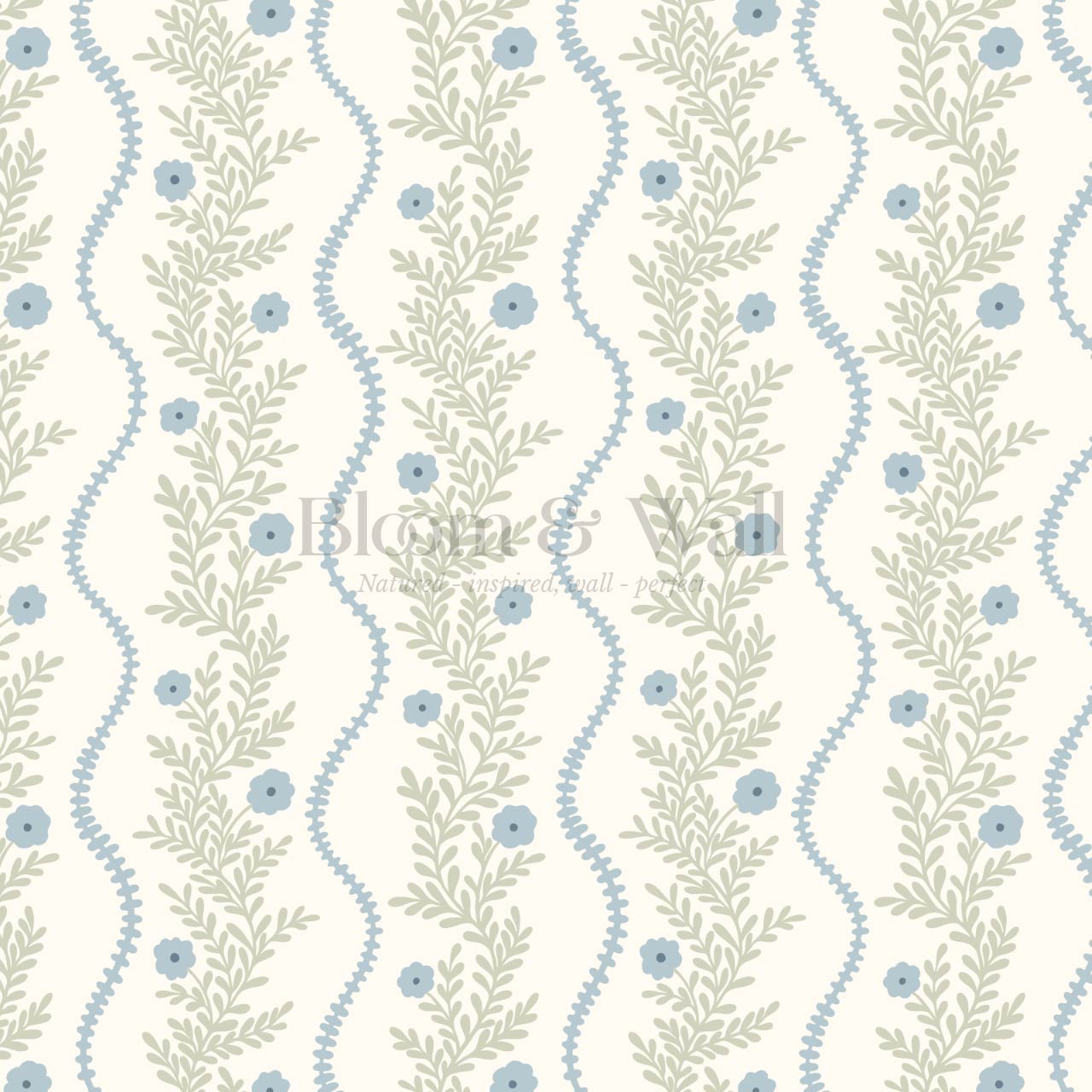 Lucinda Blooming Vines Sky Blue Soft Sage Wallpaper