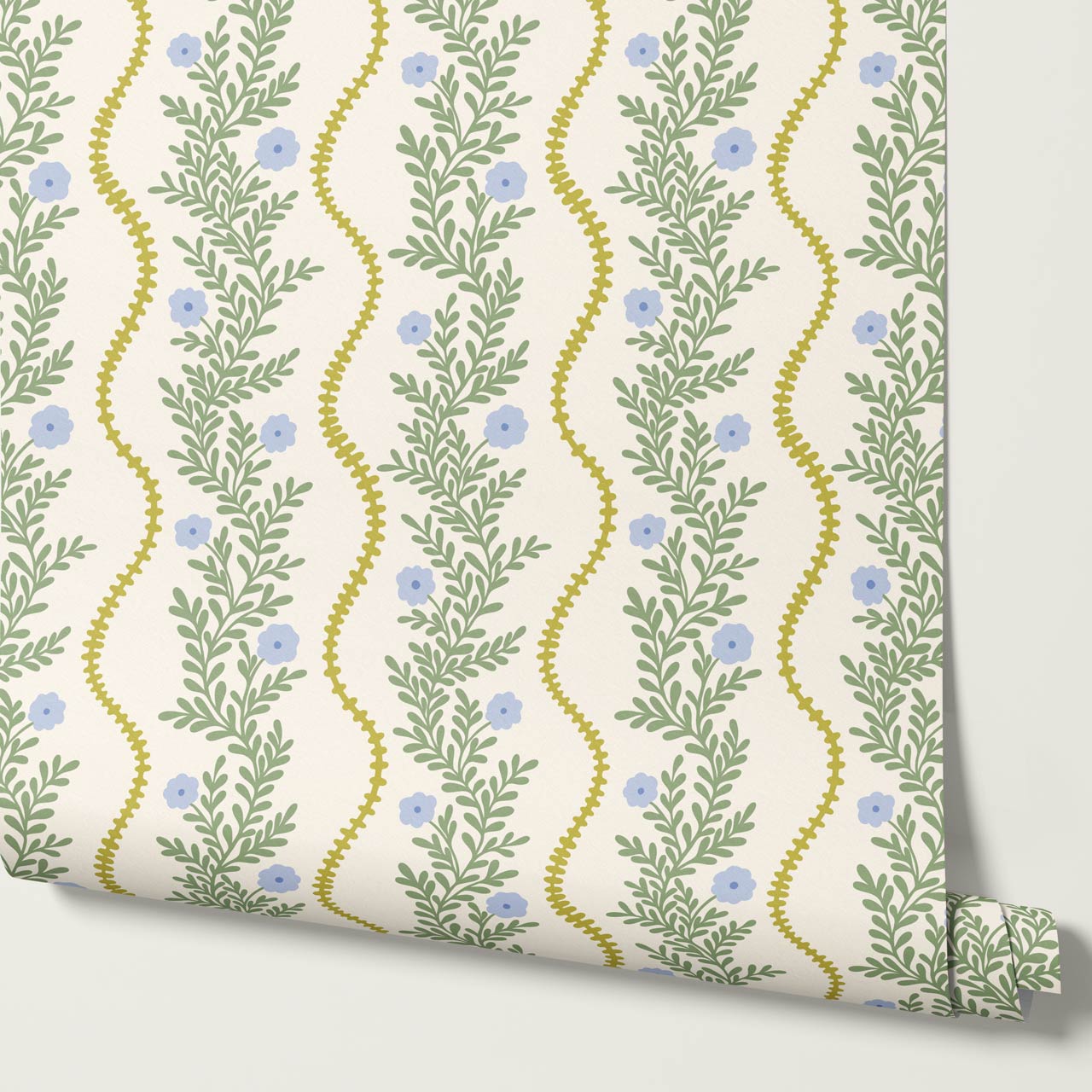 Lucinda Blooming Vines Chartreuse Blue Bell Green Wallpaper