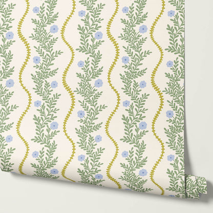 Lucinda Blooming Vines Chartreuse Blue Bell Green Wallpaper
