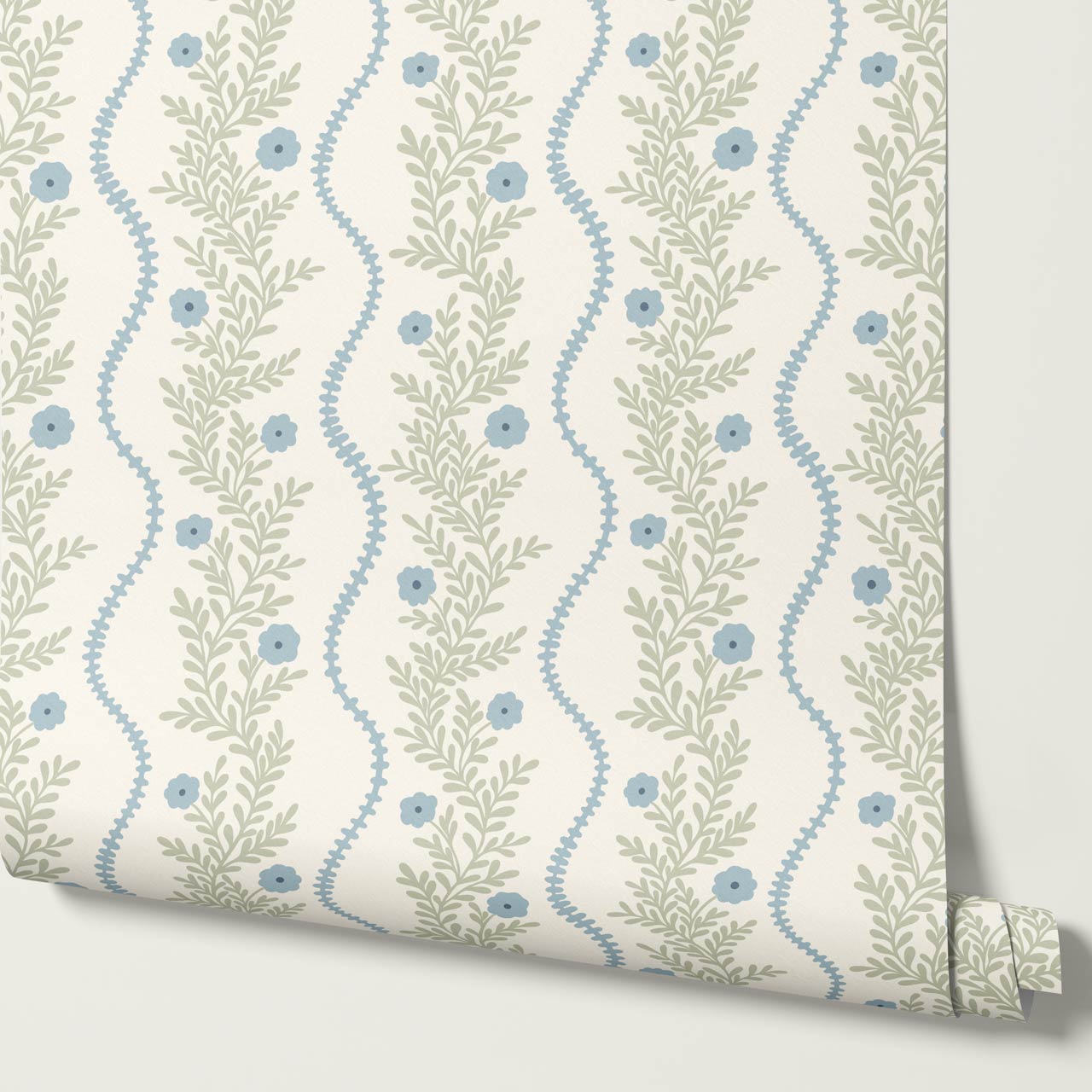 Lucinda Blooming Vines Sky Blue Soft Sage Wallpaper