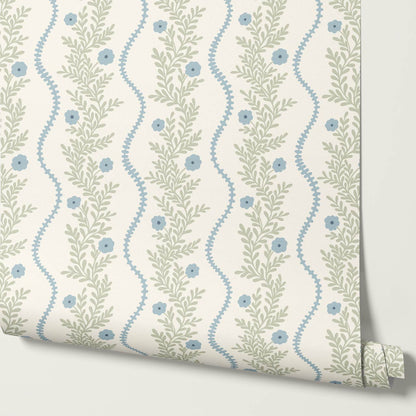 Lucinda Blooming Vines Sky Blue Soft Sage Wallpaper