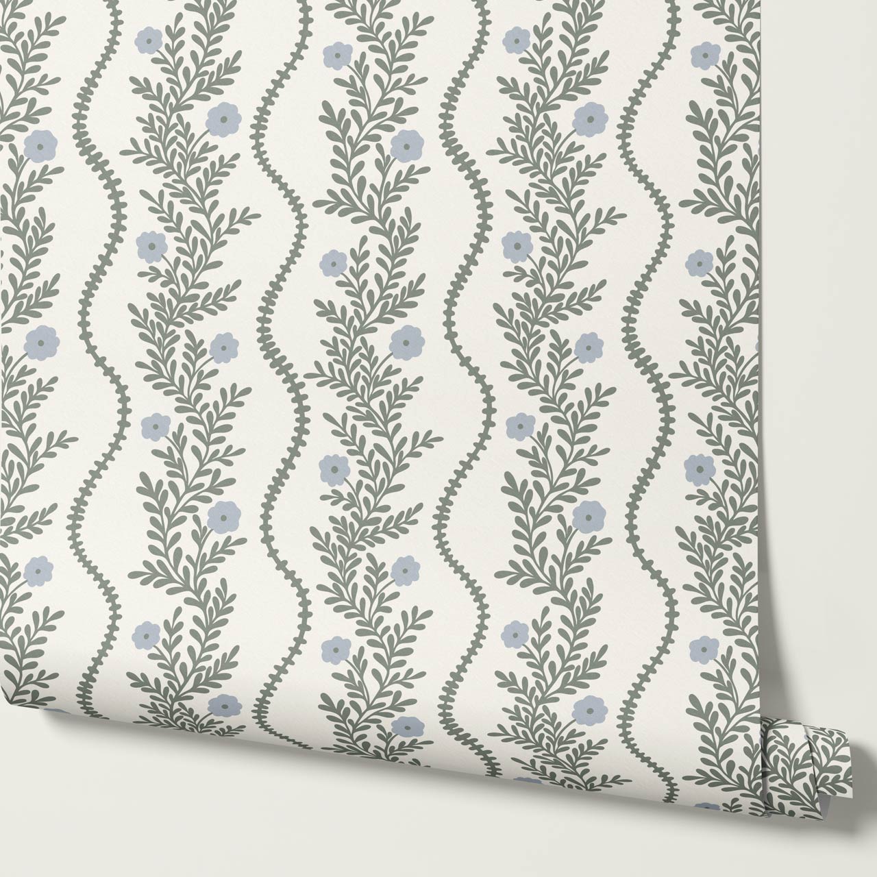 Lucinda Blooming Vines Dark Sage Dusty Sky Wallpaper