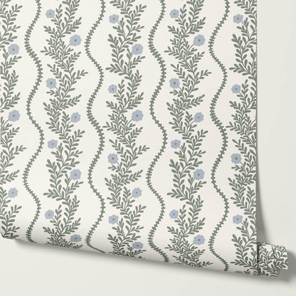 Lucinda Blooming Vines Dark Sage Dusty Sky Wallpaper