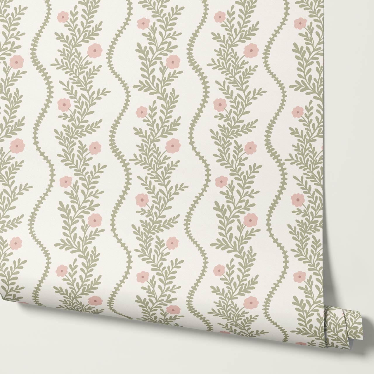 Lucinda Blooming Vines Soft Pink Soft Green Wallpaper