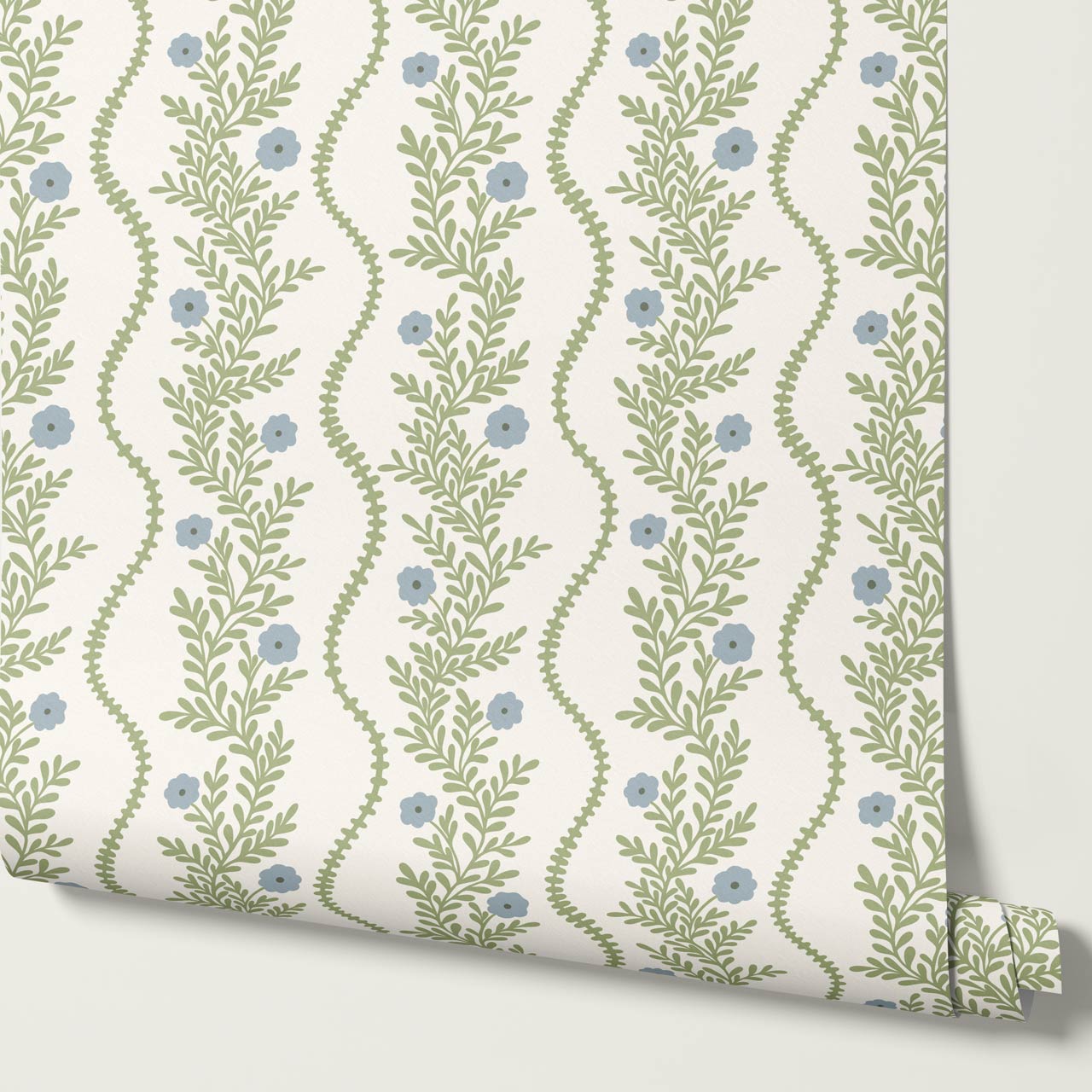 Lucinda Blooming Vines Grass Green Dusty Blue Wallpaper