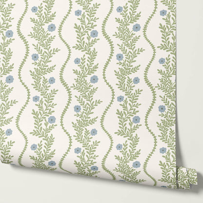 Lucinda Blooming Vines Grass Green Dusty Blue Wallpaper