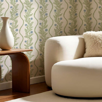 Lucinda Blooming Vines Grass Green Dusty Blue Wallpaper