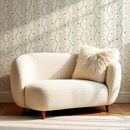 Lucinda Blooming Vines Sky Blue Soft Sage Wallpaper