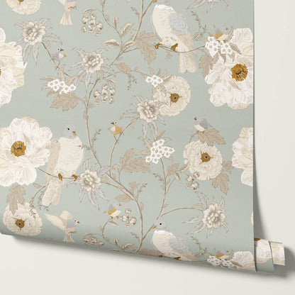 Lulee Whispering Dove Chinoiserie Salt Sage Wallpaper