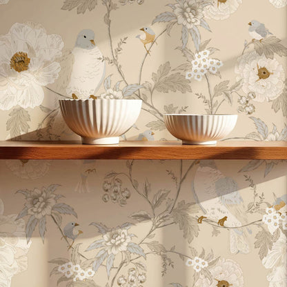 Lulee Whispering Dove Chinoiserie Taupe Wallpaper
