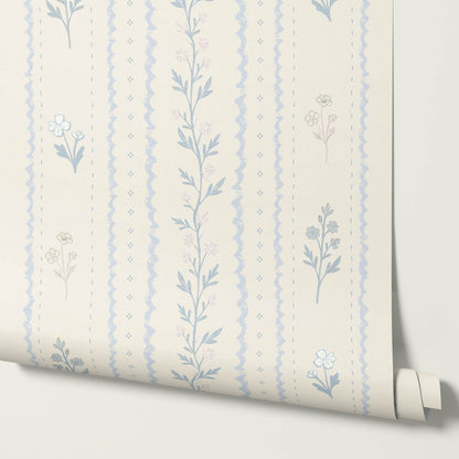 Lulu Decorative Floral Stripe Butter Sky Wallpaper