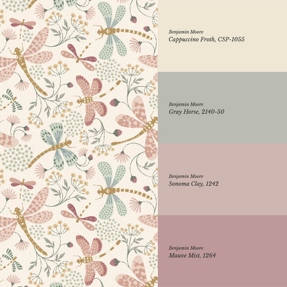 Madeline Dragonflies and Flowers Mauve Wallpaper