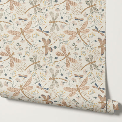 Madeline Dragonflies and Flowers Neutral Wallpaper