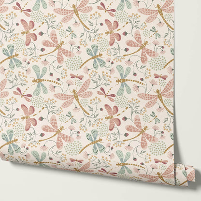 Madeline Dragonflies and Flowers Mauve Wallpaper