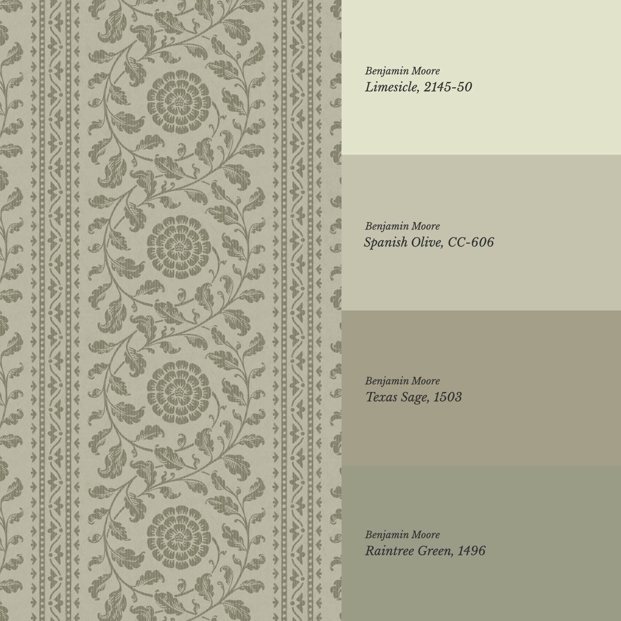 Madelyn Scrolling Floral Stripes Olive Wallpaper