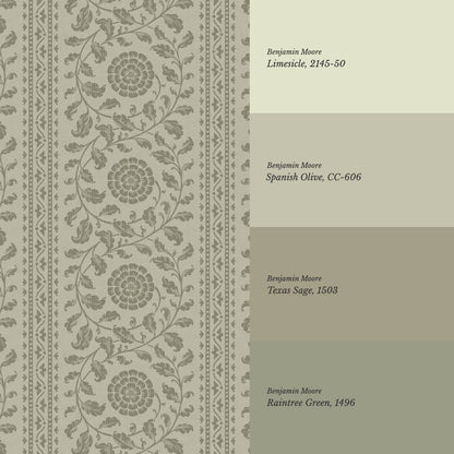 Madelyn Scrolling Floral Stripes Olive Wallpaper