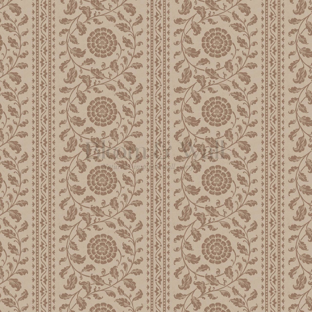 Madelyn Scrolling Floral Stripes Mocha Wallpaper