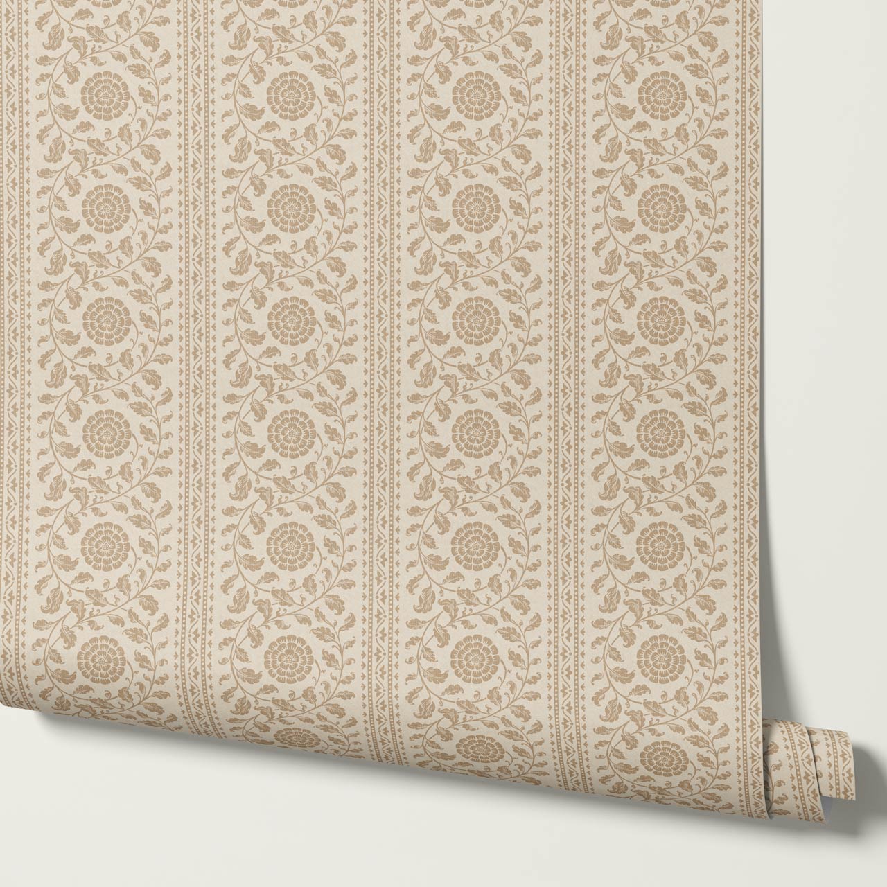 Madelyn Scrolling Floral Stripes Beige Tan Wallpaper