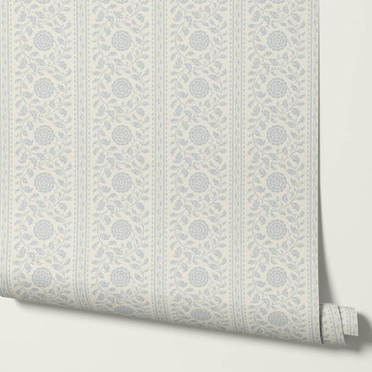Madelyn Scrolling Floral Stripes French Blue Wallpaper