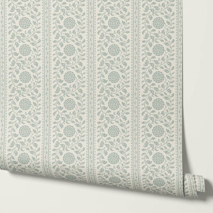 Madelyn Scrolling Floral Stripes Sea Glass Wallpaper