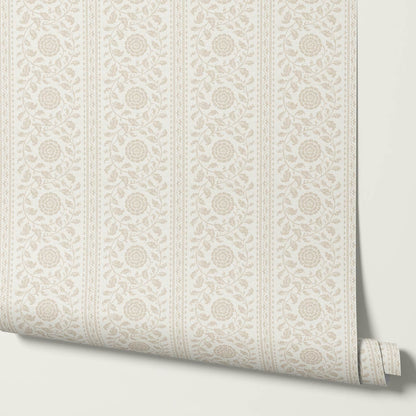 Madelyn Scrolling Floral Stripes Ivory Wallpaper