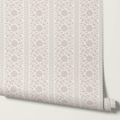 Madelyn Scrolling Floral Stripes Rose Dust Wallpaper