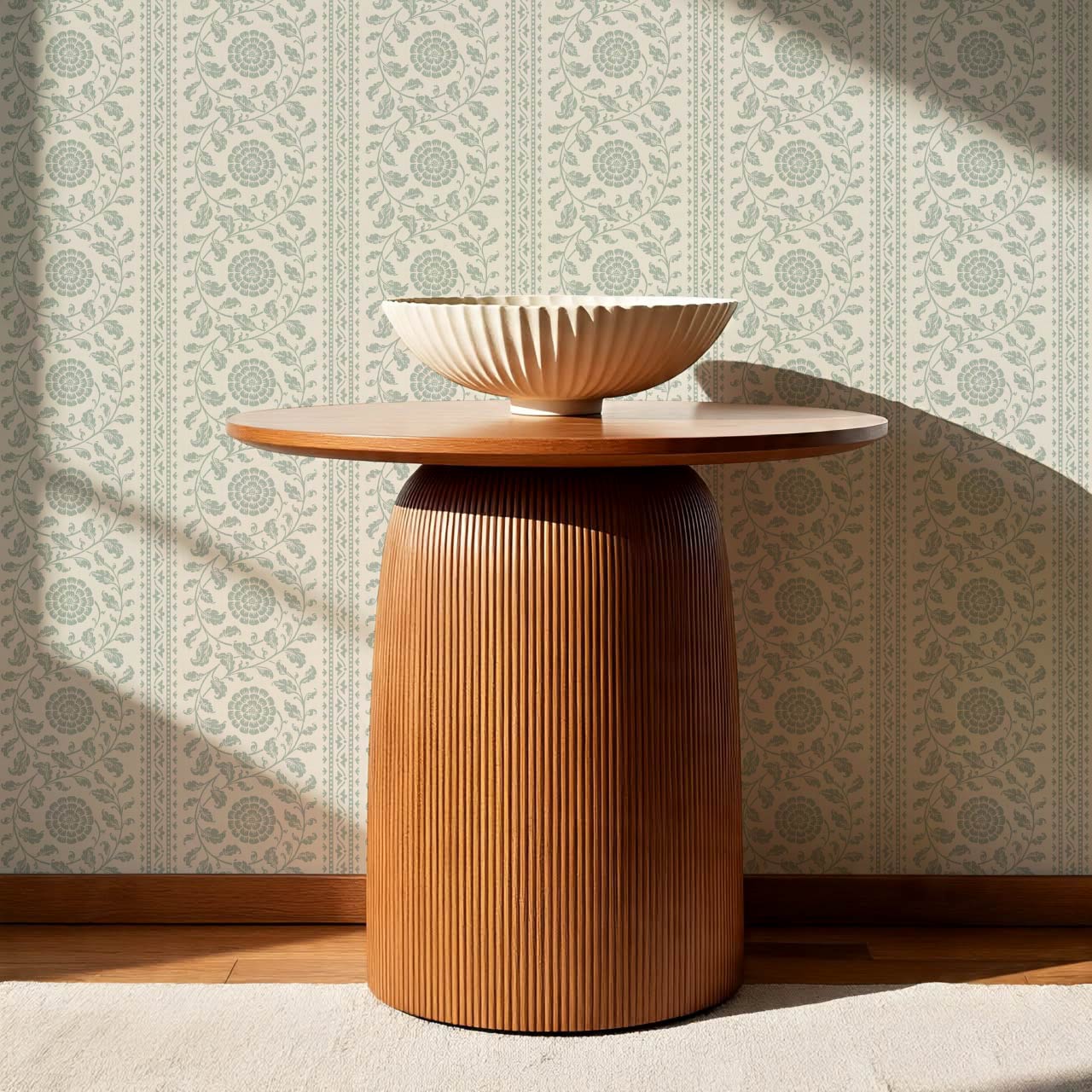 Madelyn Scrolling Floral Stripes Sea Glass Wallpaper