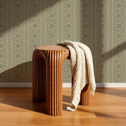 Madelyn Scrolling Floral Stripes Olive Wallpaper