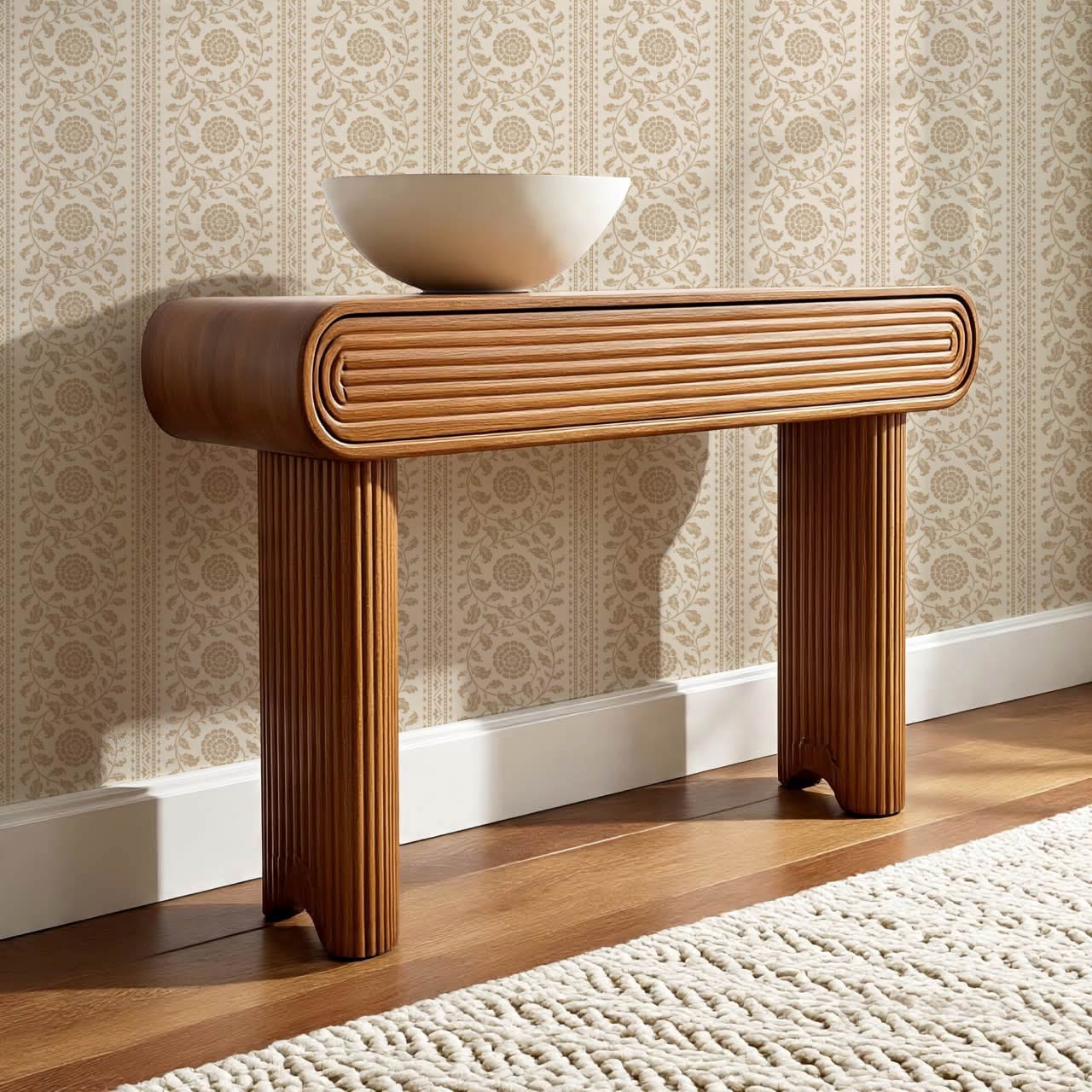 Madelyn Scrolling Floral Stripes Beige Tan Wallpaper