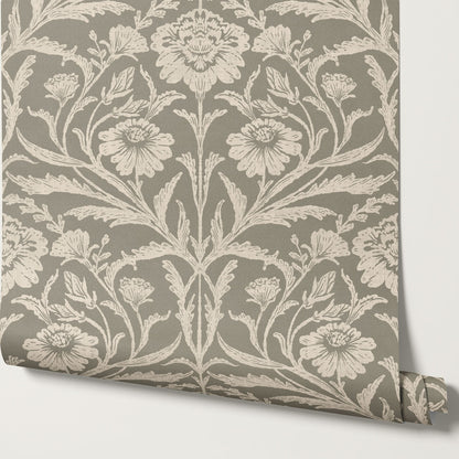 Madison Block Print Floral Damask Beige Wallpaper