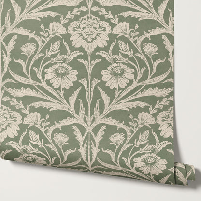 Madison Block Print Floral Damask Sage Wallpaper