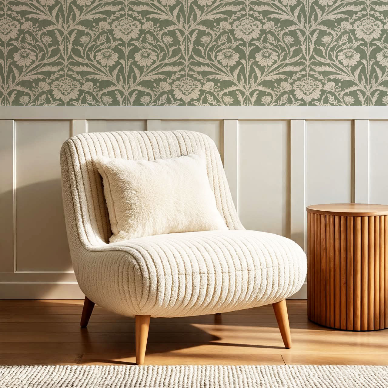 Madison Block Print Floral Damask Sage Wallpaper