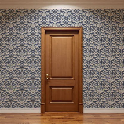 Madison Block Print Floral Damask Navy Wallpaper