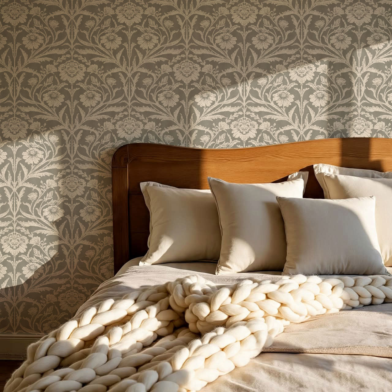 Madison Block Print Floral Damask Beige Wallpaper