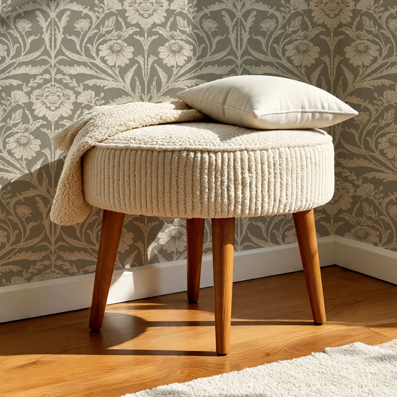 Madison Block Print Floral Damask Beige Wallpaper