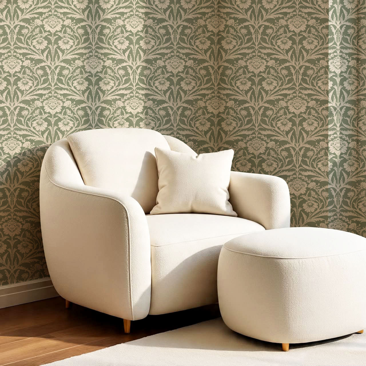 Madison Block Print Floral Damask Sage Wallpaper