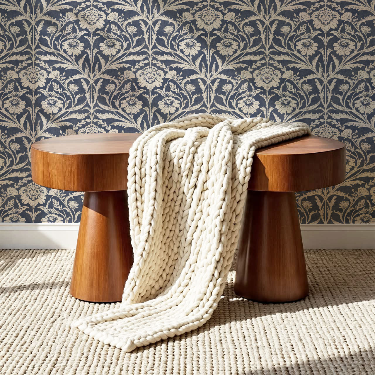 Madison Block Print Floral Damask Navy Wallpaper